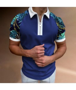 Men's Casual Chain Pattern Print Color Matching Short Sleeve Zipper Polo Shirt