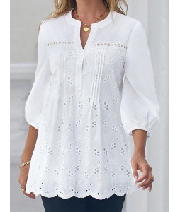 Loose Casual Cutout Jacquard Three Quarter Sleeve Blouse