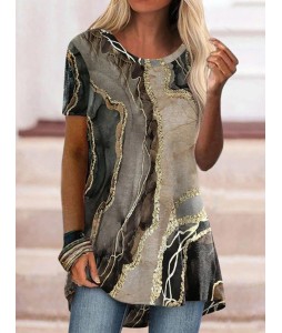 Casual Marble Print Crew Neck Short Sleeve Shirt