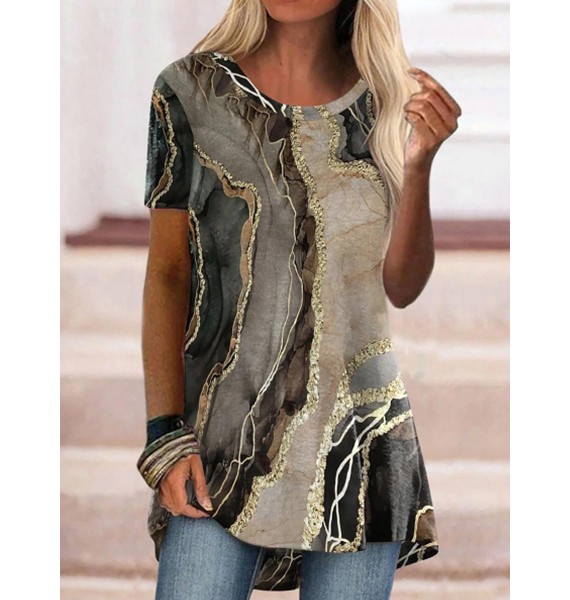 Casual Marble Print Crew Neck Short Sleeve Shirt