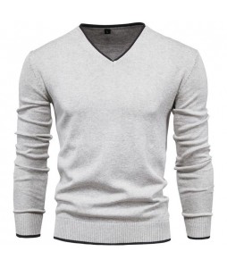 Men's Casual Solid Color Cotton V-Neck Long Sleeve Pullover Knit Sweater