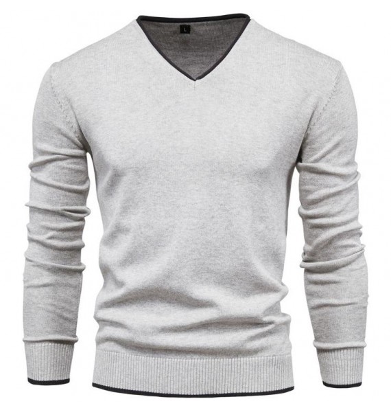 Men's Casual Solid Color Cotton V-Neck Long Sleeve Pullover Knit Sweater