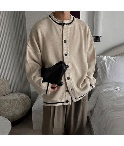 Elegant Men's Contrast Patchwork Design Knit Cardigan