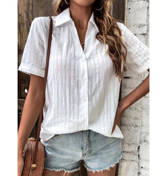 Summer Casual Button-up Solid Color Blouse