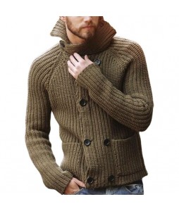 Men's Double Breasted Long Sleeve Sweater Turtleneck Knit Cardigan