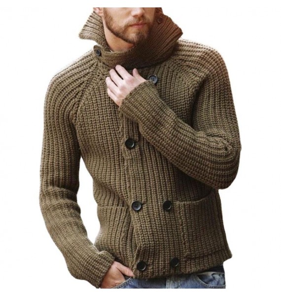 Men's Double Breasted Long Sleeve Sweater Turtleneck Knit Cardigan