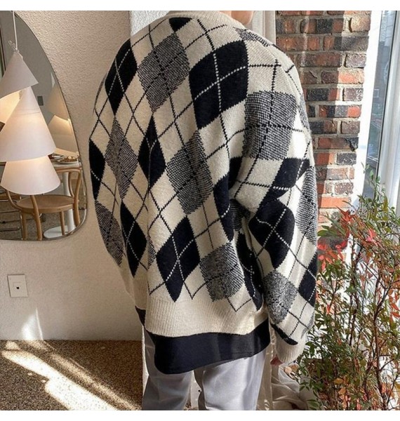 Men's Elegant Diamond Pattern Knit Casual Cardigan