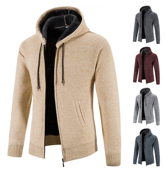 Men's Outdoor Leisure Thickening And Fleece Loose Hooded Knit Cardigan