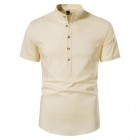 Men's Casual Linen Button Solid Short Sleeve Polo Shirt