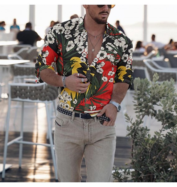 Men's Tropical Print Shirt Holiday Seaside Beach Casual Breathable Long Sleeve Shirt