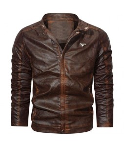 Men's  Distressed Stand Colr Motorcycle Leather Jacket