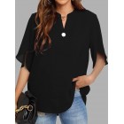 Casual Solid Color Button V-Neck Short Sleeve Blouse