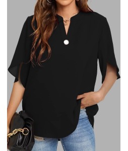 Casual Solid Color Button V-Neck Short Sleeve Blouse