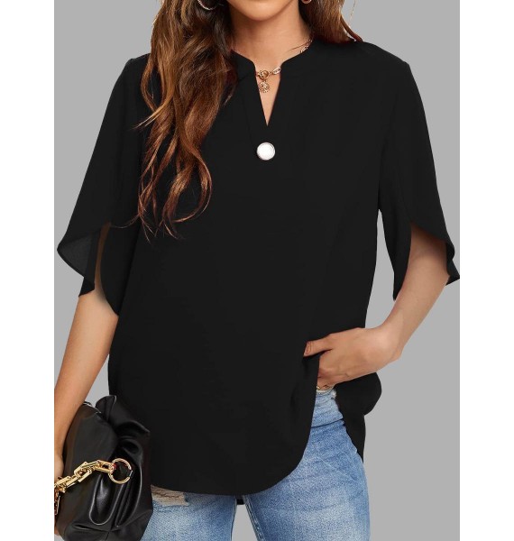 Casual Solid Color Button V-Neck Short Sleeve Blouse