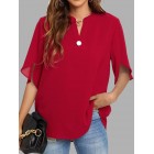 Casual Solid Color Button V-Neck Short Sleeve Blouse