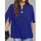 Casual Solid Color Button V-Neck Short Sleeve Blouse