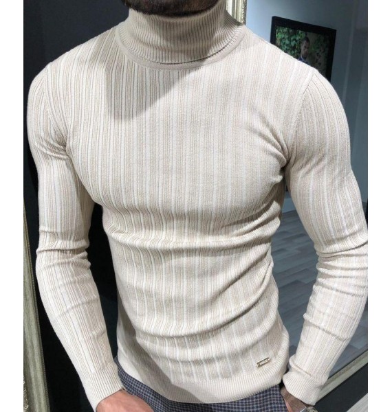 Men's White Casual Skinny Pullover Sweater