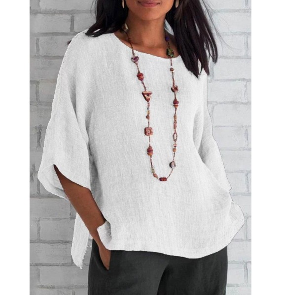 Round Neck Casual Loose Solid Color Mid-sleeve Blouse