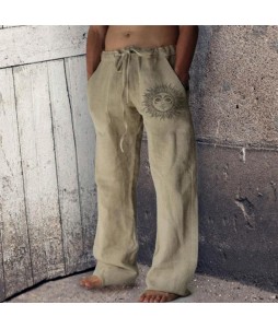 Men's Printed Loose Straight Cotton Linen Drawstring Casual Pants