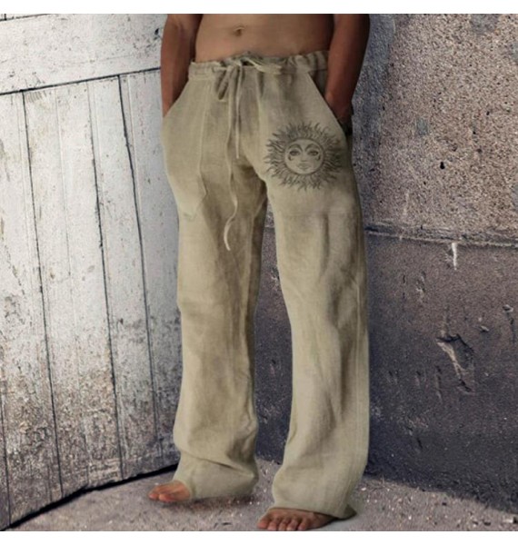 Men's Printed Loose Straight Cotton Linen Drawstring Casual Pants