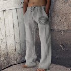 Men's Printed Loose Straight Cotton Linen Drawstring Casual Pants