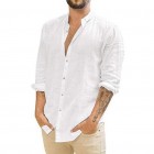 Men's Loose Linen Solid Color Casual Stand Colr Long Sleeve Shirt