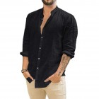 Men's Loose Linen Solid Color Casual Stand Colr Long Sleeve Shirt