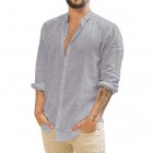 Men's Loose Linen Solid Color Casual Stand Colr Long Sleeve Shirt