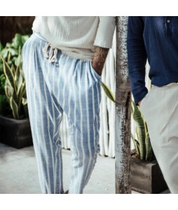 Mens holiday linen navy striped trousers