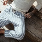 Mens holiday linen navy striped trousers