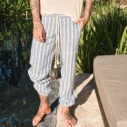 Mens holiday linen navy striped trousers