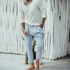 Mens holiday linen navy striped trousers