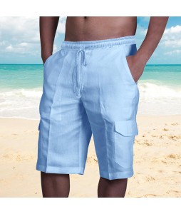 Men's Linen Double Pocket Tethered Beach Cargo Shorts