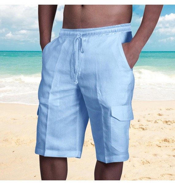 Men's Linen Double Pocket Tethered Beach Cargo Shorts