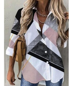 Casual Loose Geometric Contrast Print Long Sleeve Blouse