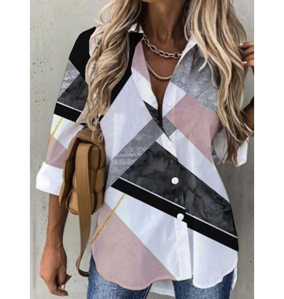 Casual Loose Geometric Contrast Print Long Sleeve Blouse