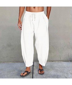 Men's Cotton Linen Drawstring Cropped Casual Harem Pants