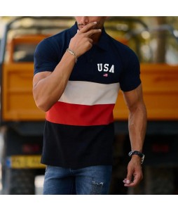 Men's Fashion USA Print Colorblock Casual Slim Polo Shirt