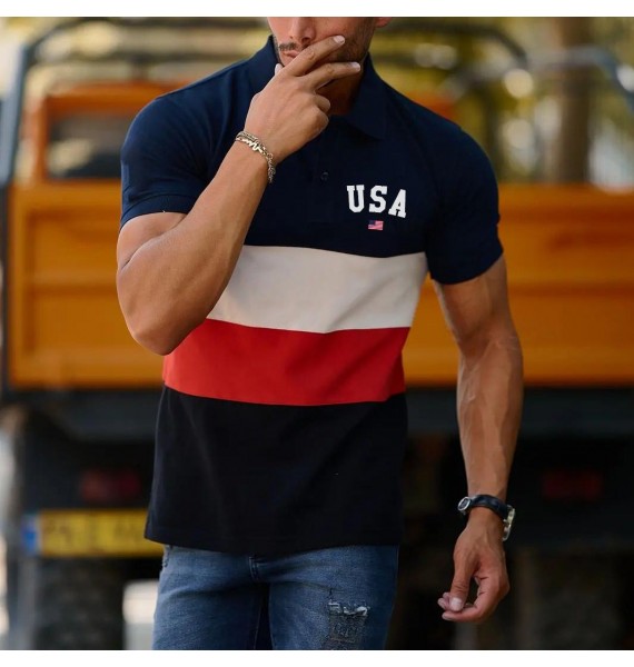 Men's Fashion USA Print Colorblock Casual Slim Polo Shirt