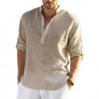 Men's Casual Loose Solid Color Stand Colr Cotton Linen Long Sleeve Shirt