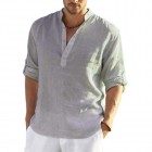 Men's Casual Loose Solid Color Stand Colr Cotton Linen Long Sleeve Shirt