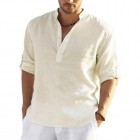 Men's Casual Loose Solid Color Stand Colr Cotton Linen Long Sleeve Shirt