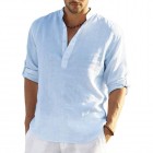 Men's Casual Loose Solid Color Stand Colr Cotton Linen Long Sleeve Shirt