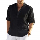 Men's Casual Loose Solid Color Stand Colr Cotton Linen Long Sleeve Shirt