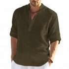 Men's Casual Loose Solid Color Stand Colr Cotton Linen Long Sleeve Shirt