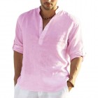 Men's Casual Loose Solid Color Stand Colr Cotton Linen Long Sleeve Shirt