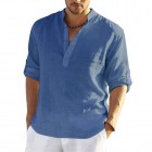 Men's Casual Loose Solid Color Stand Colr Cotton Linen Long Sleeve Shirt