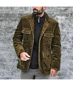 Mens casual retro solid color multi-pocket corduroy jacket