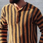 Men's Henley Colr Vertical Stripe Casual Knit Sweater