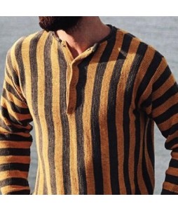 Men's Henley Colr Vertical Stripe Casual Knit Sweater